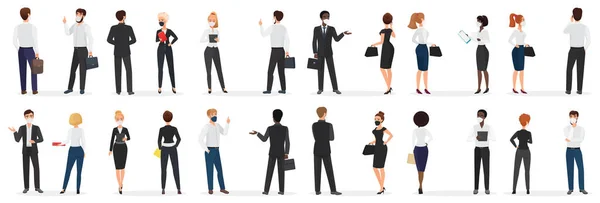 Business people conversation at pandemic cartoon vector illustration set. White and black men and women in mask, in formal suit discuss talking at distance to protect from coronavirus infection. — Stock Vector