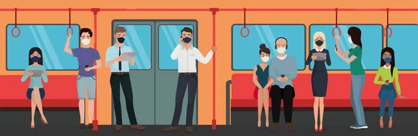 Les gens dans des masques avec des dispositifs dans le métro illustration vectorielle de concept de caractère plat — Image vectorielle