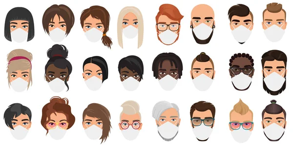 Beaucoup de gens en masques portraits personnage dessin animé plat vecteur illustration ensemble — Image vectorielle