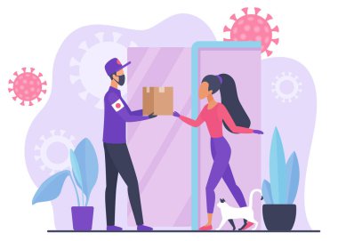 Maskeli ve eldivenli kurye, izole edilmiş kız konsepti düz vektör illüstrasyonuna online sipariş veriyor. Genç kadın güvende olacak. Karantina 19 yiyecek teslimatı yaptı. Dünya yayılmış koronavirüs.