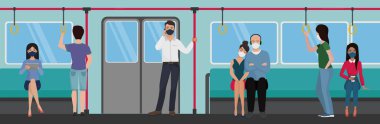 Metrodaki insanlar karantina koronası virüsü salgını sırasında düz vektör illüstrasyonunu kullanıyorlar. Corona virüsü COVID-19 'un yayılmasını önle. Grip, hava kirliliği. Otobüs yolcuları, tramvay.