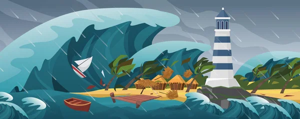 Tsunami flache Karikatur Meerlandschaft panoramische Landschaft Vektor Illustration Hintergrund. Panorama der schrecklichen Naturkatastrophe, Riesenwelle, bedeckt ruhige kleine Insel mit Leuchtturm, Palmenhütten und Yachten. — Stockvektor