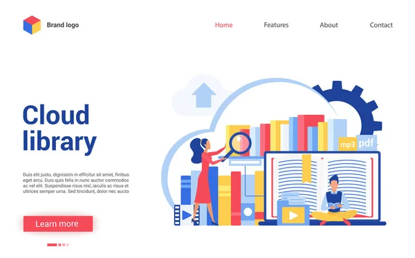 Nuvem biblioteca vetor ilustração, desenhos animados plana pessoas minúsculas lendo livros on-line, informações de dados de aprendizagem, design de site de interface para biblioteca de arquivos digitais — Vetor de Stock