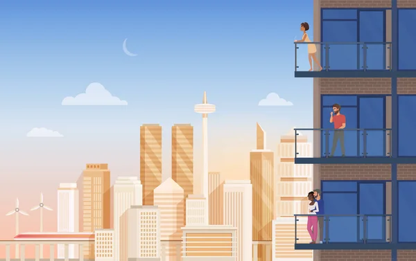 Lägenhet balkong med stadsutsikt vektor illustration, tecknad platt par människor, man kvinna tecken njuta av panoramautsikt urban stadsbild med vackra moderna byggnader — Stock vektor