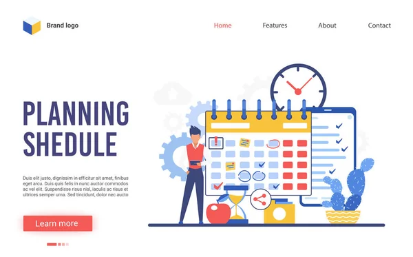 Planificación de ilustración de vectores de programación, personaje de hombre de negocios plano de dibujos animados hace plan de tarea de trabajo de negocios, diseño del sitio web de interfaz para la programación, estrategia de tiempo — Archivo Imágenes Vectoriales