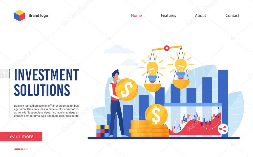 Investment solutions vector illustration, cartoon investor businessman character holding gold money coins, choosing business idea for investing, interface website design