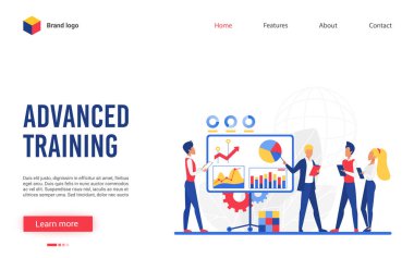 Eğitim kursu vektör çizimi, web sitesi arayüzü yaratıcı tasarım karikatür düz iş adamı eğitmeni analitik işletme öğrencileri için