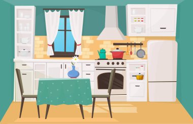 Geleneksel tasarım düz çizgi film çizimi için mutfak içi. Sıcak atmosfer, tuğladan dekore edilmiş duvar, şirin dolap kapıları, kaba ahşap sandalyeler, mobilyalar, mutfak gereçleri.