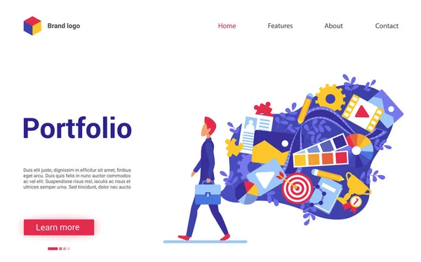 Cartoon flat moderna interface do site da moda para estúdio de arte criativa, agência de design com personagem artista freelancer e nuvem de arte — Vetor de Stock