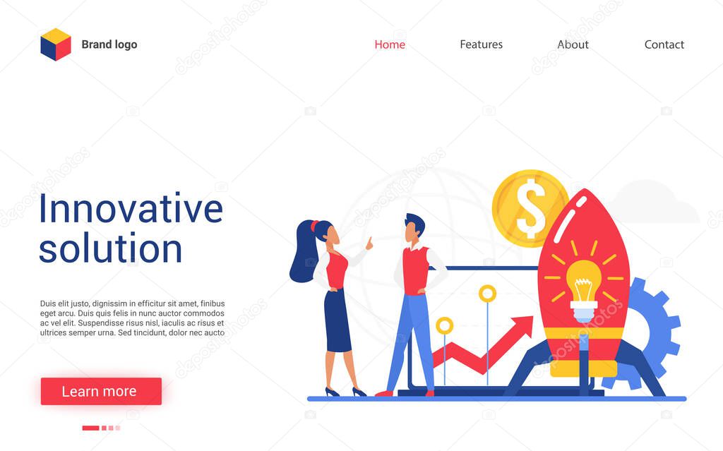 Innovative solution, creative business idea vector illustration, cartoon flat website interface design with starting rocket, light bulb, money