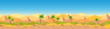 Mısır çöl panoramik manzarası vektör illüstrasyon manzarası, pankart. Geniş panorama kum çölü arka planı, sıcak hava, kum tepeleri, piramitler, palmiye oyunu tarzı.