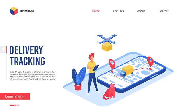 Levering tracking service vector illustratie, website interface creatief plat ontwerp met cartoon man karakter met behulp van moderne posttechnologie om doos te leveren — Stockvector