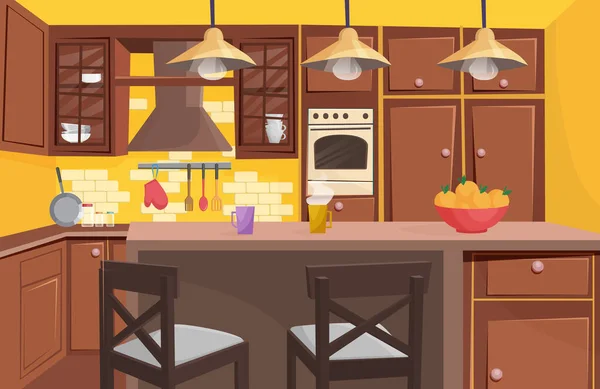 Tradicional cocina de madera clásica interior plano juego de dibujos animados estilo vector ilustración. Espacio luminoso soleado, ventana con cortinas agradables, muebles situados compactos, electrodomésticos . — Archivo Imágenes Vectoriales