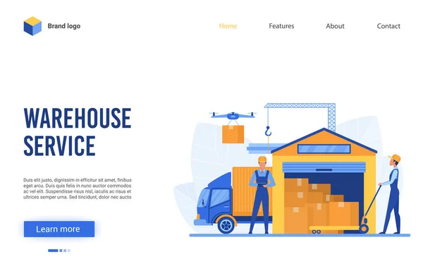 Illustration vectorielle de service d'entrepôt, conception plate d'interface de site Web de dessin animé pour entreposer la société de livraison d'affaires avec des conteneurs d'emballage de caractères de travailleur sur le camion — Image vectorielle