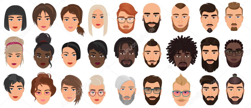 Woman man characters, facial portraits vector illustration set, cartoon flat adult people heads with different faces or hair, nationality and races