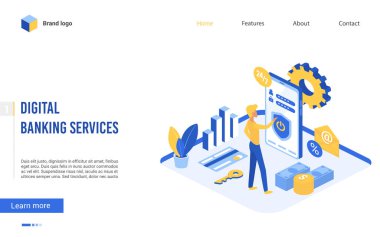 Dijital banka vektör çizimi, karikatür izometrik adam karakteri ödeme işlemi için cep telefonu uygulaması, para muhasebesi, arayüz web sitesi tasarımı