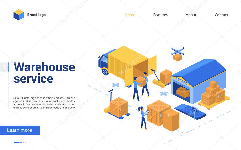 Isometric warehouse delivery logistic service vector illustration, cartoon 3d interface design for website with worker characters working in storage of warehousing company