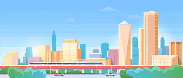 Panorama da cidade trem metrô vetor ilustração, desenho animado plano cityscape urbano com trem de metro moderno viajando por estrada ferroviária na ponte ferroviária, edifícios de escritórios —  Vetores de Stock