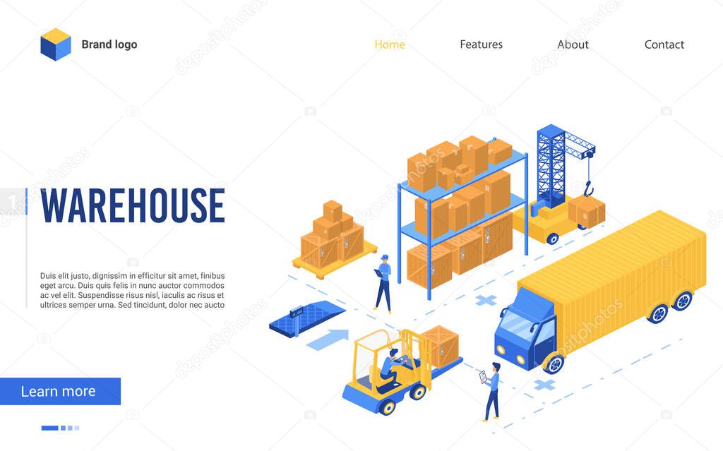 Isometric delivery logistic service vector illustration, 3d interface website design with cartoon worker characters work on loader forklift, load pallet boxes