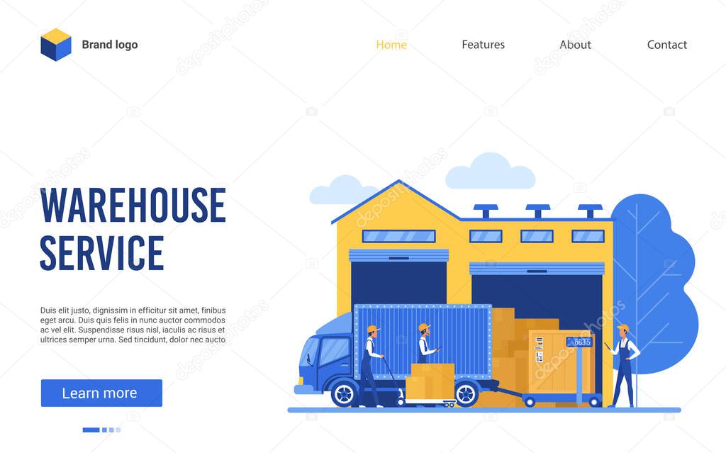 Warehouse delivery logistic service vector illustration, cartoon flat website interface design for warehousing business company with worker characters, delivering truck