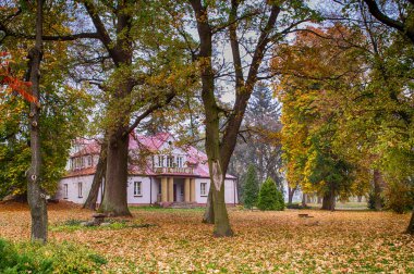 Historic palace surrounded by autumn park, central Poland.