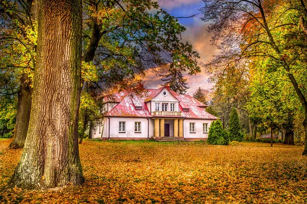 Palácio Histórico Rodeado Por Parque Outono Centro Polônia — Fotografia de Stock
