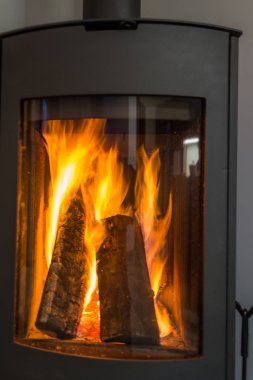 Şöminede alevler var, camdan görülüyor..