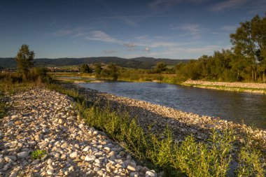 Çarny Dunajec nehri ve uzak dağların görünümü.