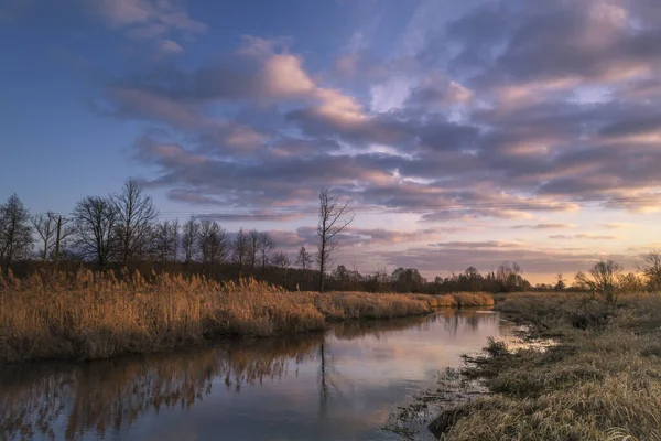 Mała Rzeka Centralnej Polsce Oświetlona Słońcem — Zdjęcie stockowe