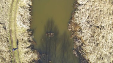 2020 Mart 'ında Polonya' nın ortasındaki vahşi bir nehrin üzerinden uçuş..