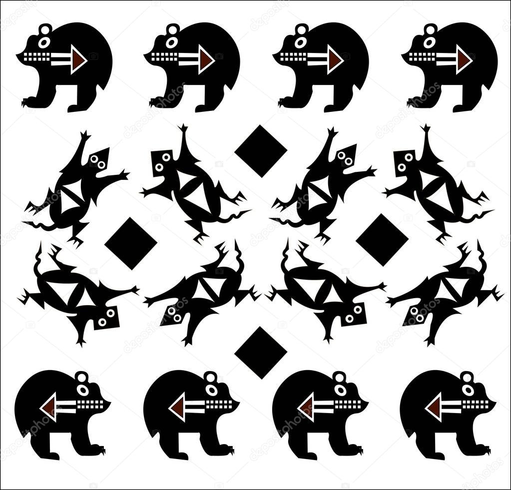 Ethnic patterns of Native Americans: the Aztec, Inca, Maya, Alaska Indians (Mexico, Ecuador, Peru). Bear and opossum. Drawing in the Mexican style. Vector illustration.