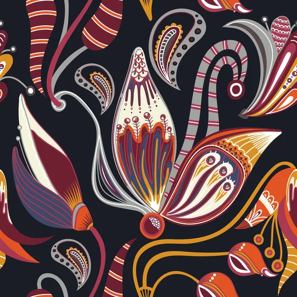 フローラル オリエンタルのシームレスなパターン。手描き創作花。ブロッサムのカラフルな芸術の背景 — ストックベクタ
