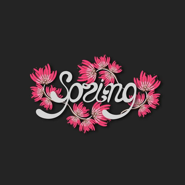 Frühling. Schriftzug in Blumen. Floraler Hintergrund — Stockvektor