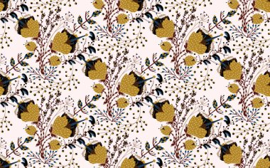 Çiçek seamless modeli. Elle çizilmiş yaratıcı çiçek. Çiçeği ile renkli sanatsal arka plan. Soyut ot