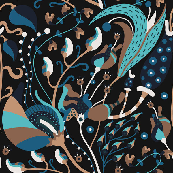 Цветочный бесшовный рисунок. Ручной рисунок творческих цветов. Красочный художественный фон с цветком. Абстрактная трава
