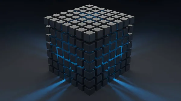 Cube gray glossy plastic. Blue light from within. Wallpaper. — Stock Photo, Image