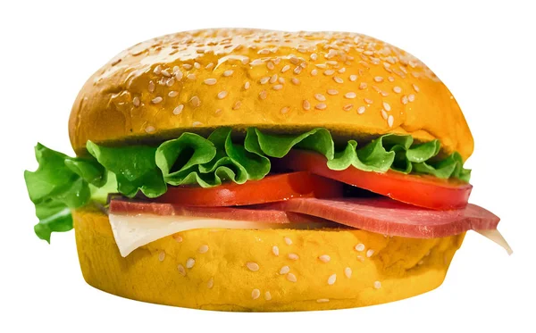 Hamburger salata, peynir, jambon ve domates ile. Oyma için olan bir yol.