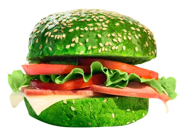 Hamburger met sla, kaas, ham en tomaten. Met een pad voor snijwerk. — Stockfoto