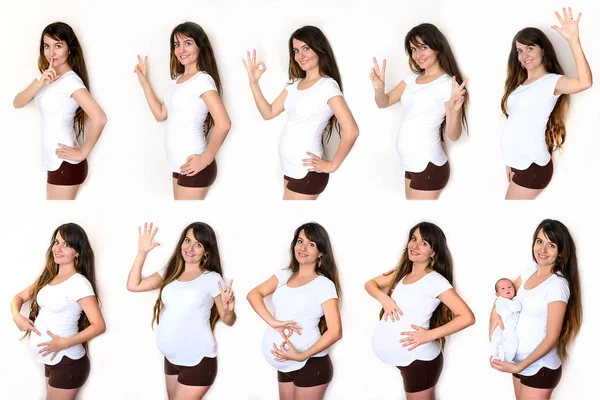 Sequence pictures of a woman during all months of pregnancy. a pregnant woman, a woman. Development, abdominal growth, pregnancy monthly. 9 months — Stock Photo, Image