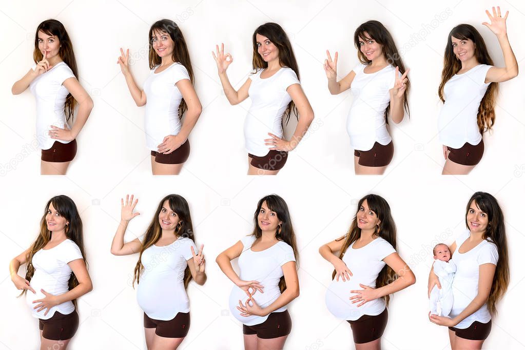 Sequence pictures of a woman during all months of pregnancy. a pregnant woman, a woman. Development, abdominal growth, pregnancy monthly. 9 months