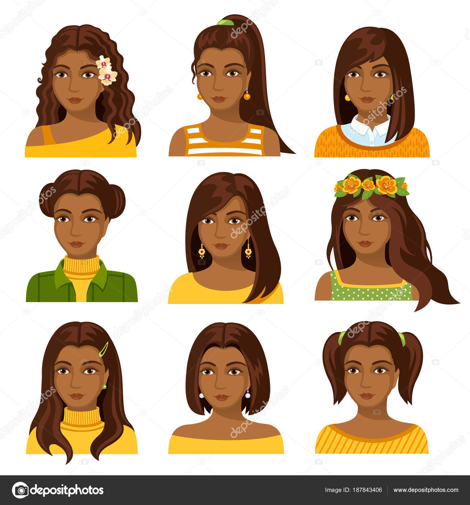 Set Of African Woman Faces With Various Hairstyle Stock