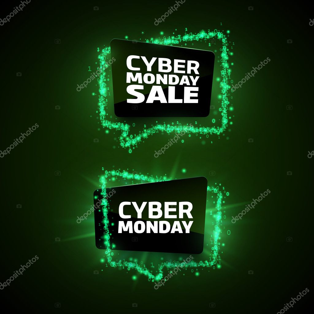 Set of Cyber Monday promotion banner templates. Green digital bubbles made of stars and numbers on a dark background.