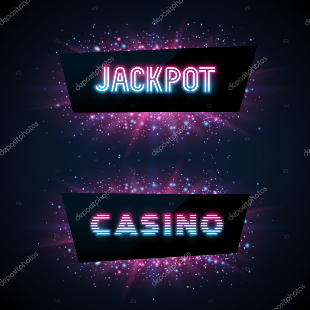 Jackpot advertisement template. Blue, purple and pink dust and beams on dark background. Geometrick shape banners with text.