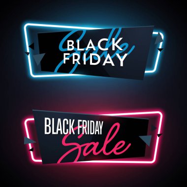 Geometrik Black Friday kümesi neon vektör afiş.