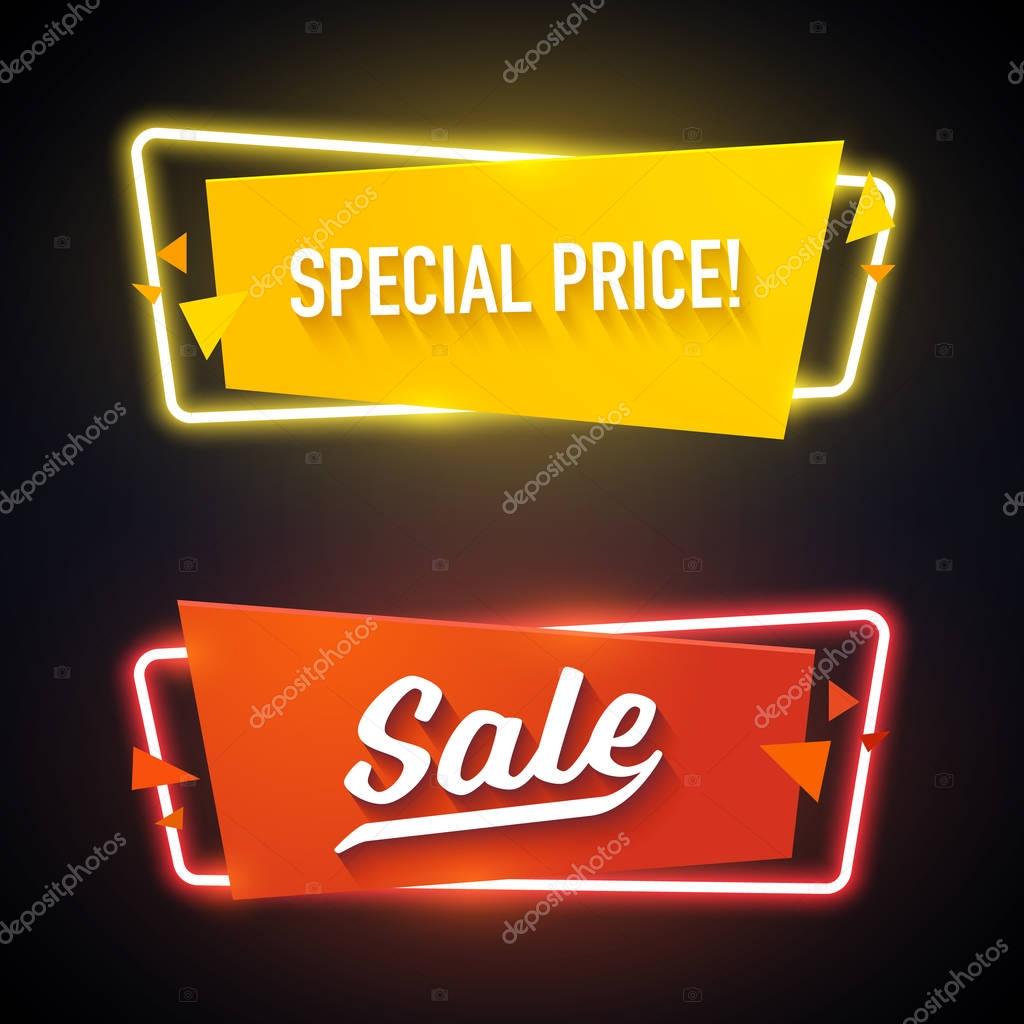 Set of geometric neon vector banners. Glossy plastic material style. Origami paper. Special Price Sale labels.