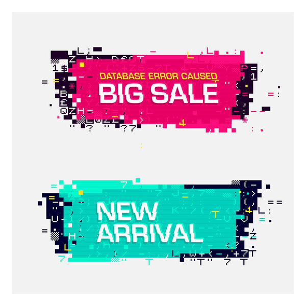 set of glitch banners with text.