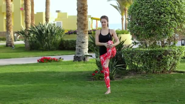 Sportlerin macht Grundübungen aus Yoga, barfuß auf dem Rasen stehend. Brünette in stylischer Sportkleidung turnt vor dem Hintergrund schwingender Palmen im Resort. — Stockvideo