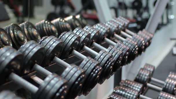 Atlet dumbbells ile raf yaklaşımlar ve onları alır ve sonra nişanlı bırakır. Çok sayıda spor malzemeleri. — Stok video