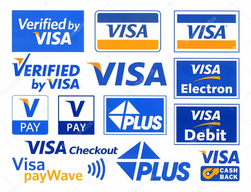 Moscow, Russia - 21 December, 2016: Different logotypes of payment system Visa, printed on white paper