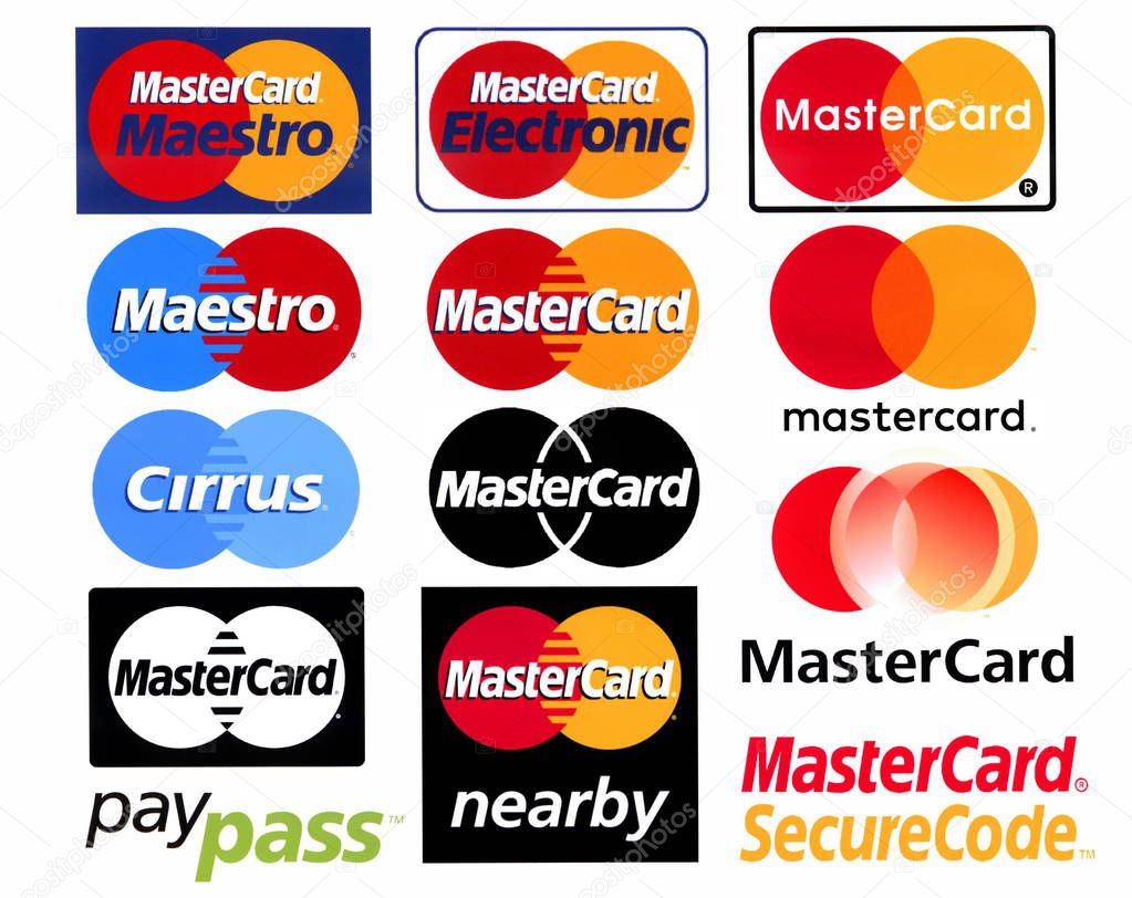 Moscow, Russia - 28 December, 2016: Different logotypes of payment system Mastercard, printed on white paper
